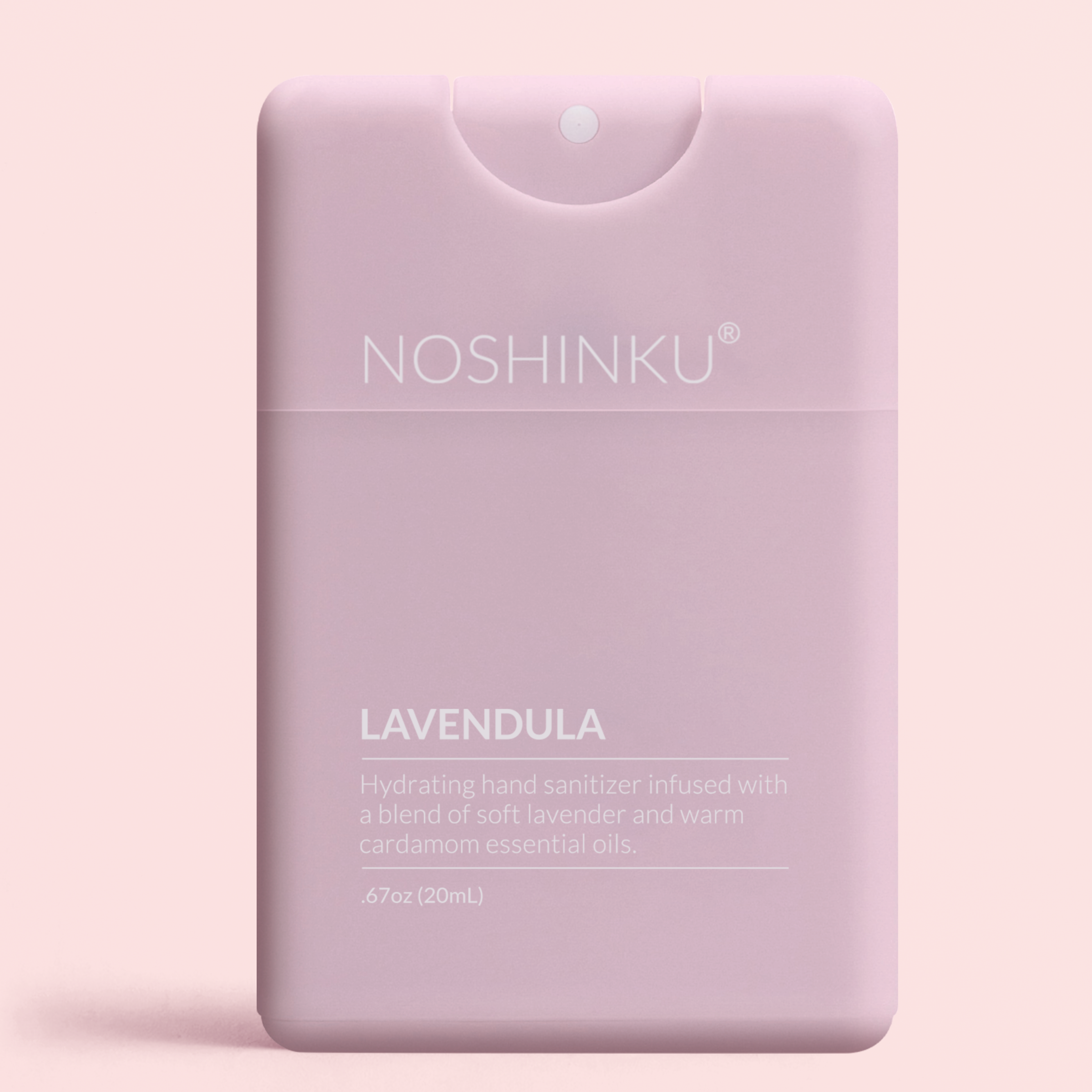 Noshinku Lavender Hydrating Pocket Spray Hand Sanitizer on pink background