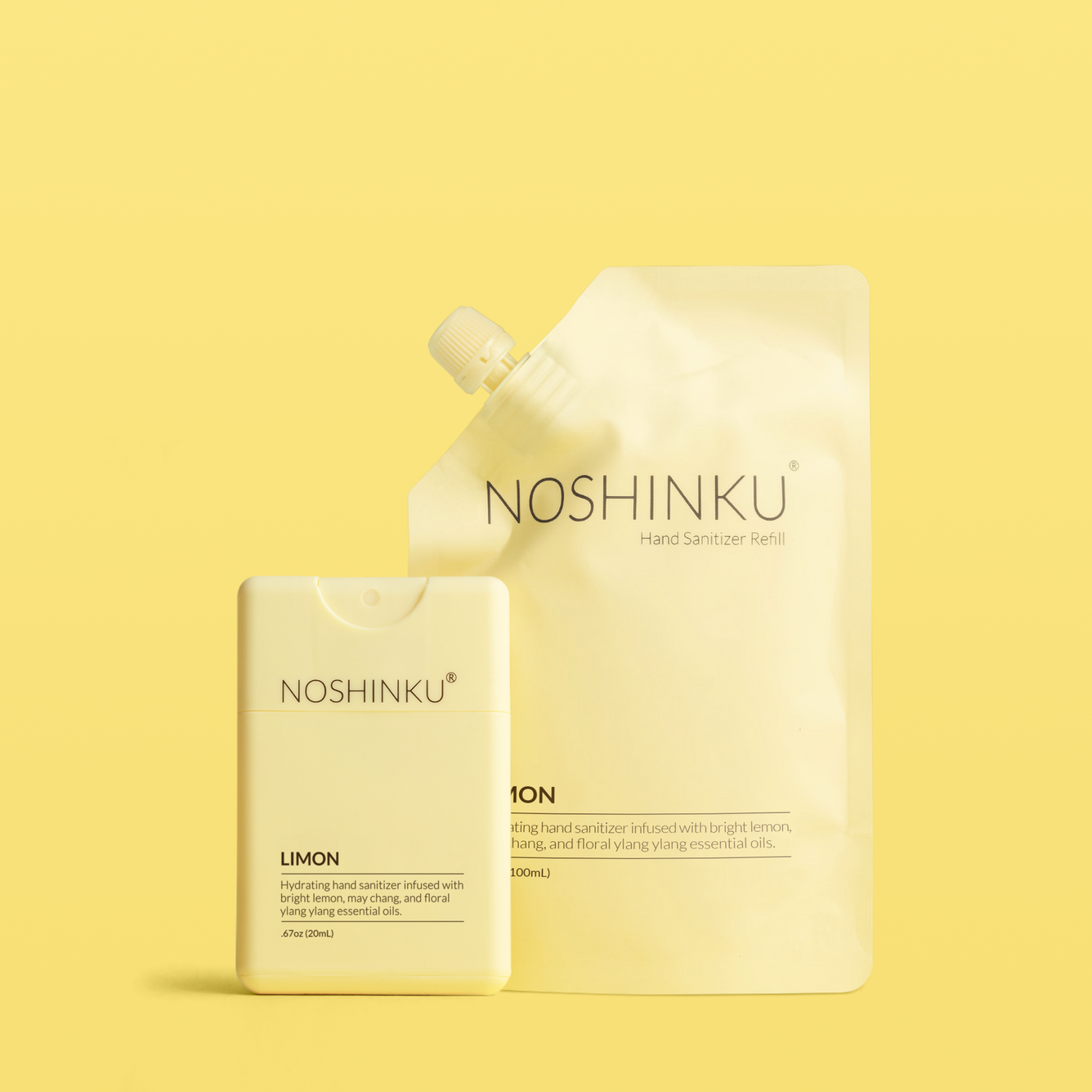 Noshinku Lemon Hydrating Refillable Pocket Slim Hand Sanitizer - Refill Travel Set - on yellow background
