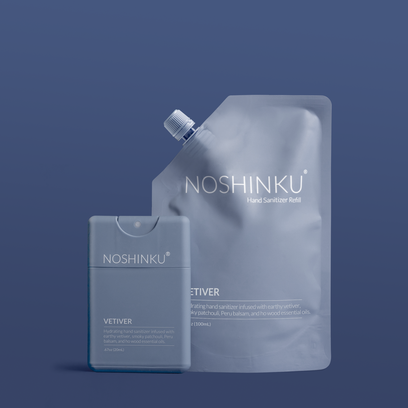 NOSHINKU hand sanitizer refill packaging on a blue background