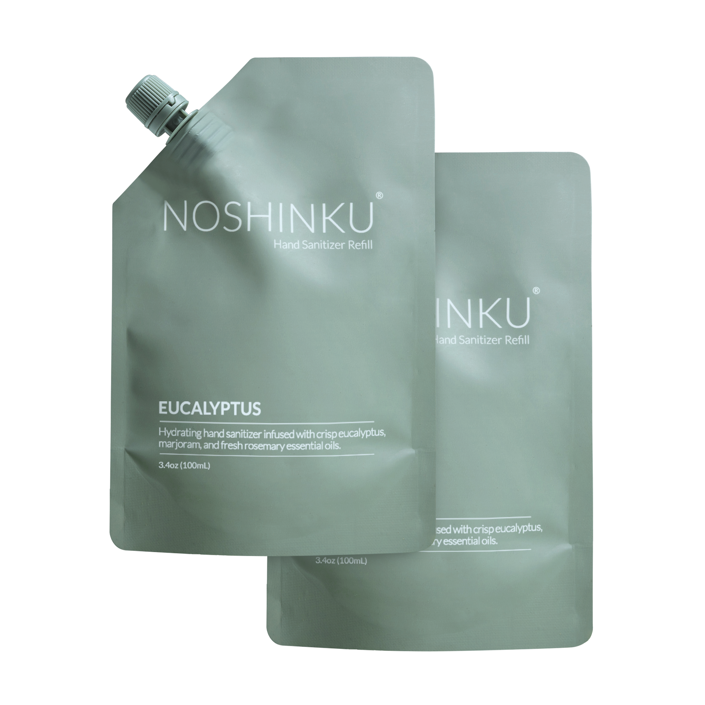 Two Noshinku hydrating Eucalyptus hand sanitizer refills on a white background